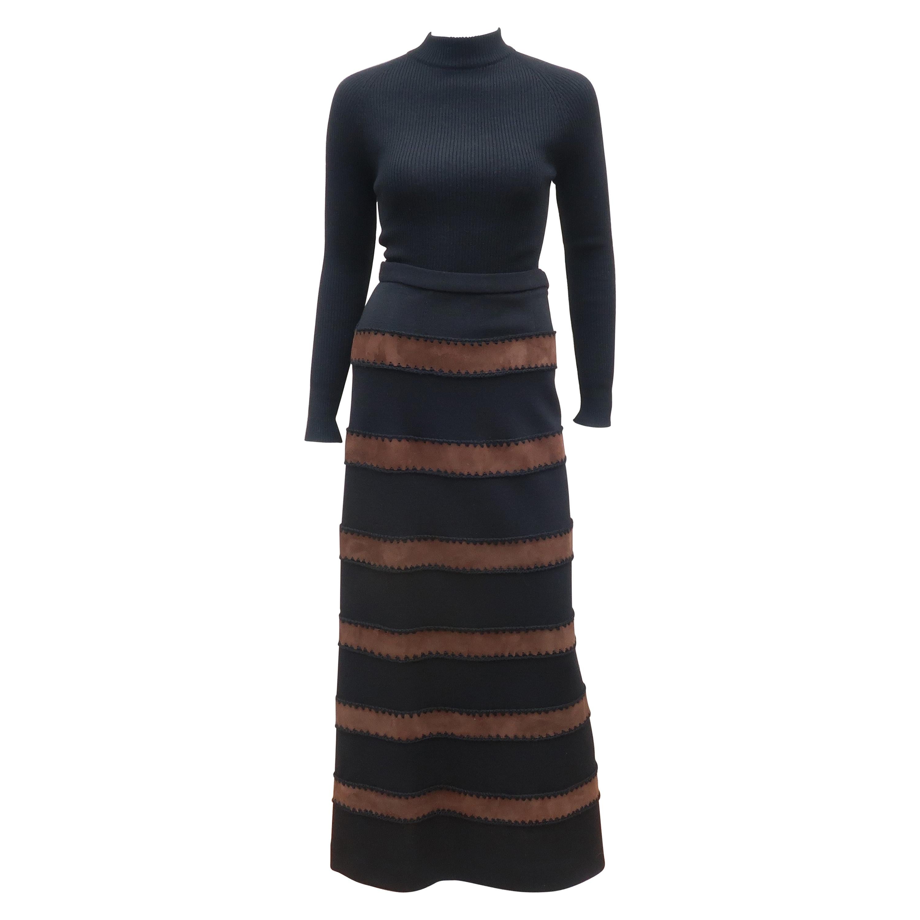 1970's Brown Suede Black Maxi Two Piece Sweater Dress