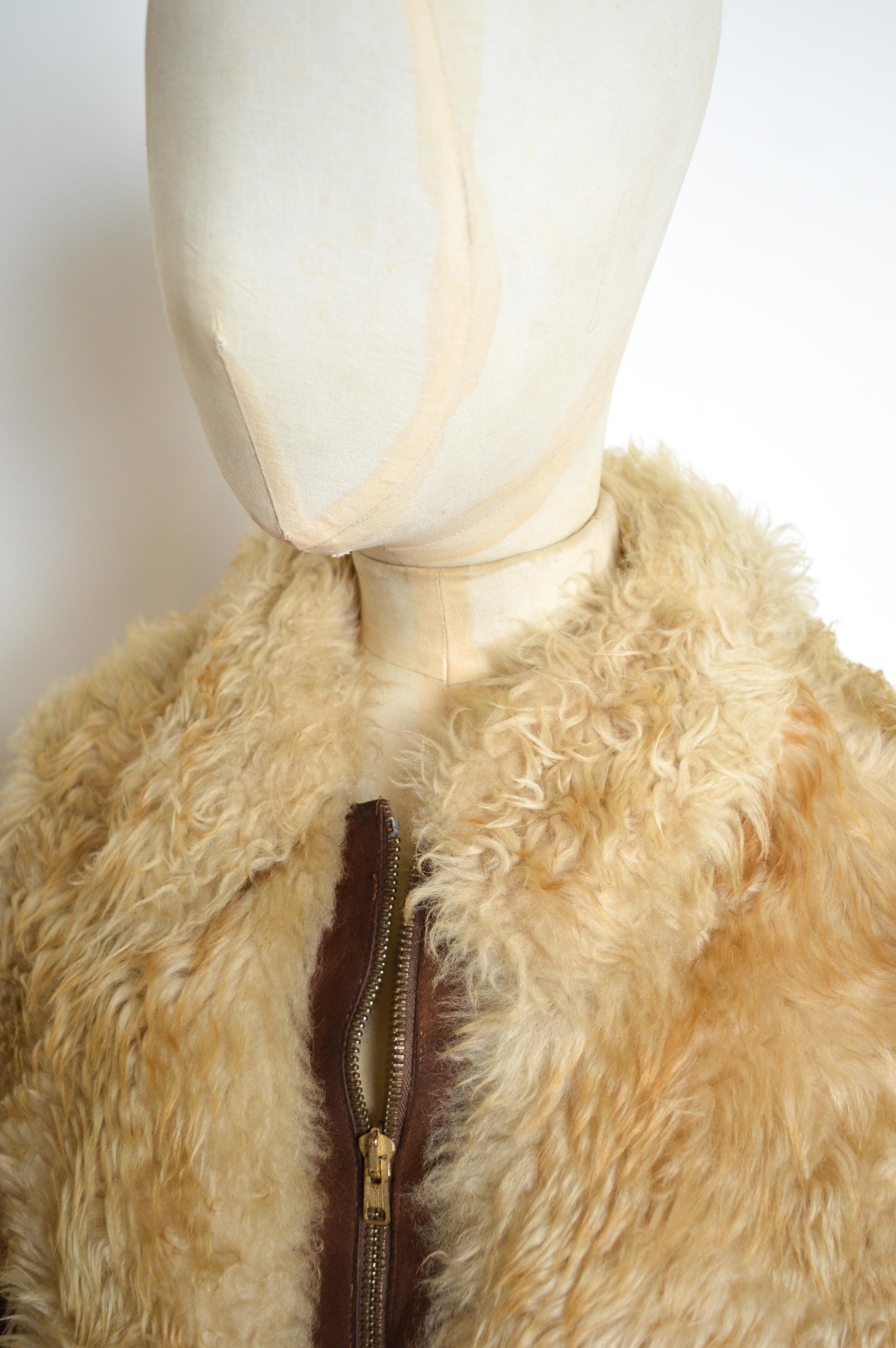 1970s Brown Suede Fluffy Cream Shearling Penny Lane Cropped Sheepskin Jacket For Sale 6