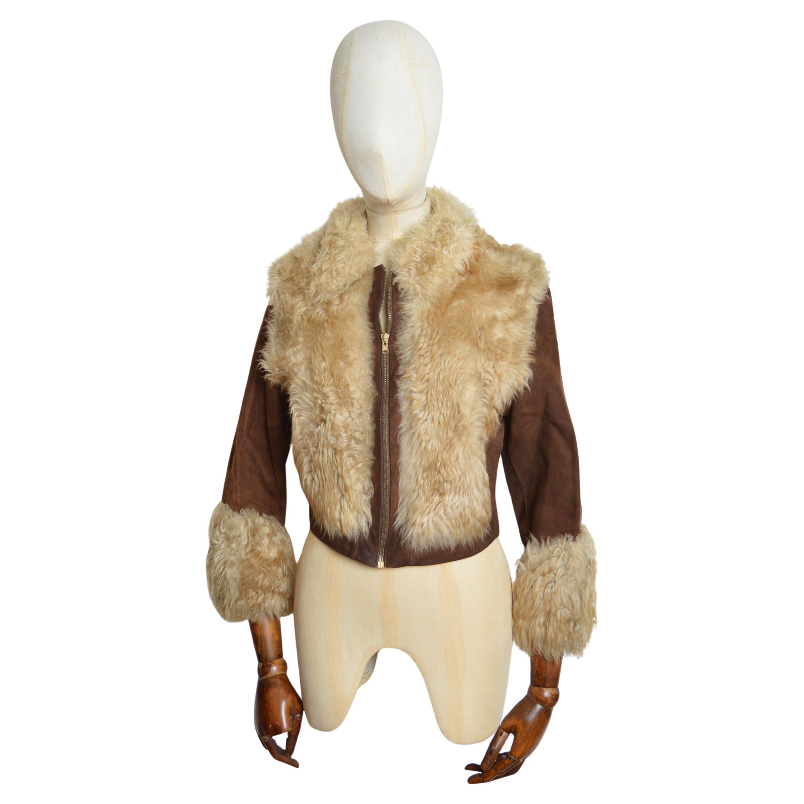1970s Brown Suede Fluffy Cream Shearling Penny Lane Cropped Sheepskin Jacket For Sale