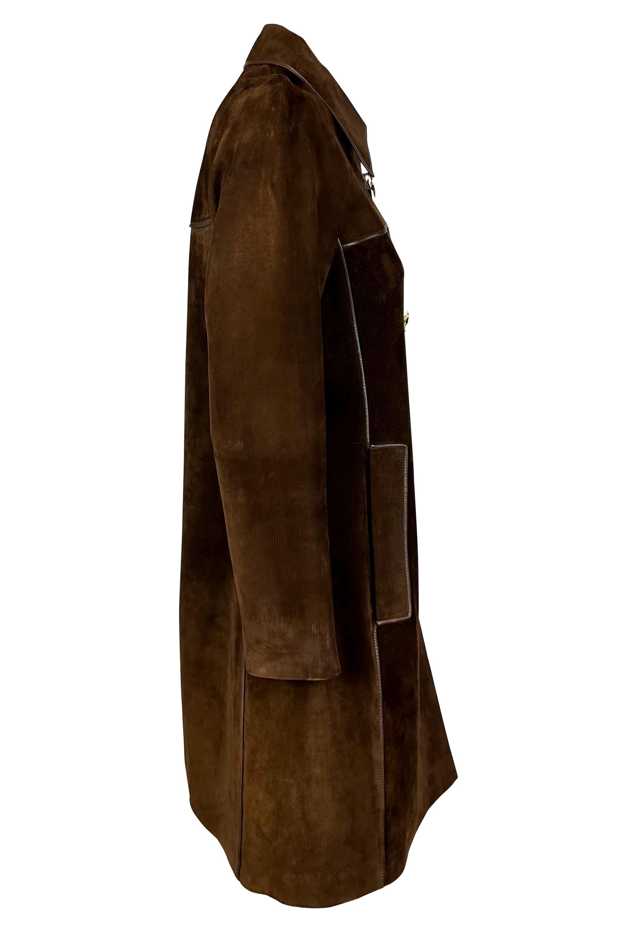 Black 1970s Brown Suede Gucci Trench Coat Orange Enamel 'GG' Monogram Closure