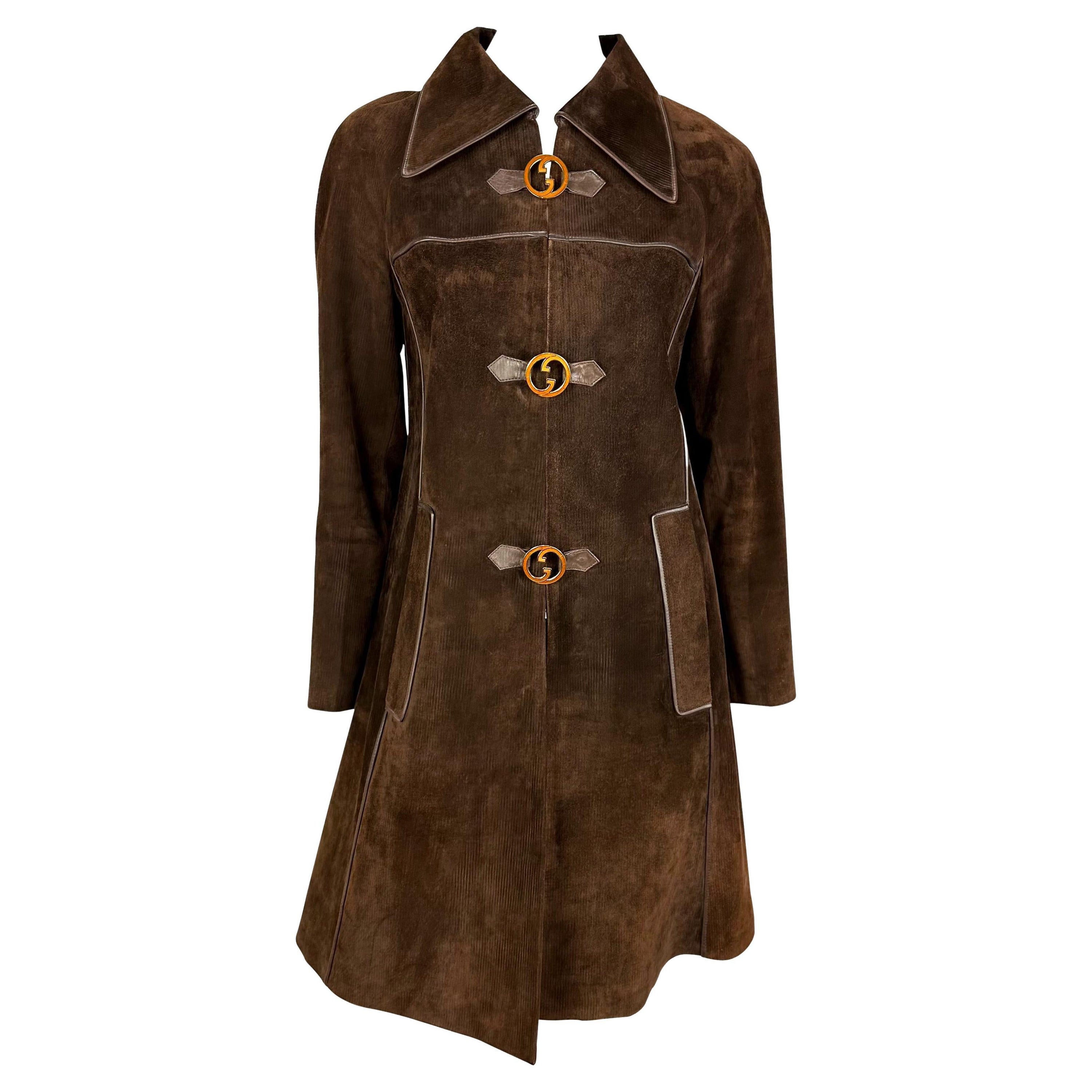 1970s Brown Suede Gucci Trench Coat Orange Enamel 'GG' Monogram Closure