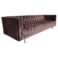 1970s Brown Velvet Chesterfield Sofa in the Style of Edward Wormley
