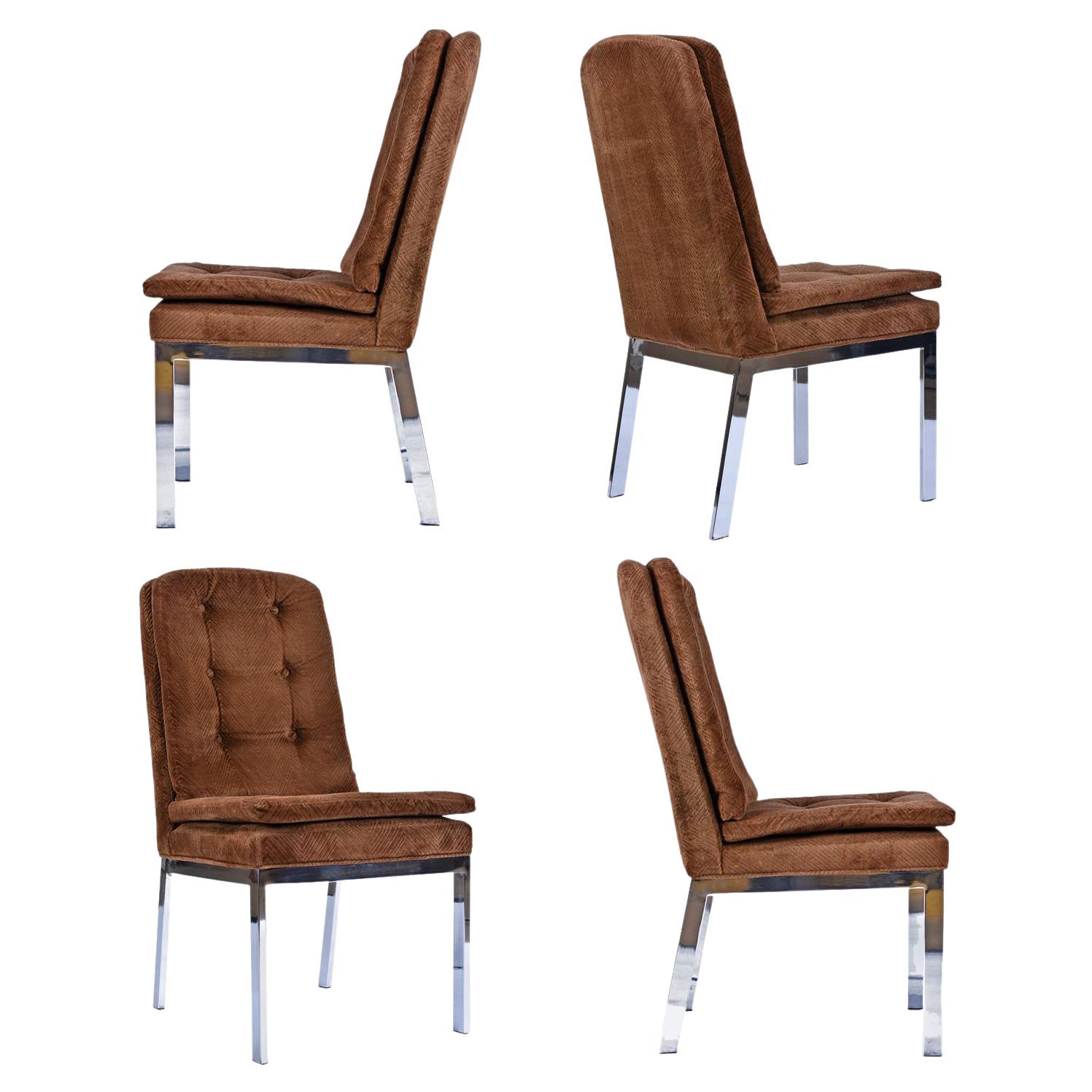 Sillas de comedor Parsons de los años 70 con respaldo alto de terciopelo marrón acolchado y cromado