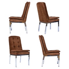 1970's Brown Velvet Tufted Chrome High Back Parsons Dining Chairs