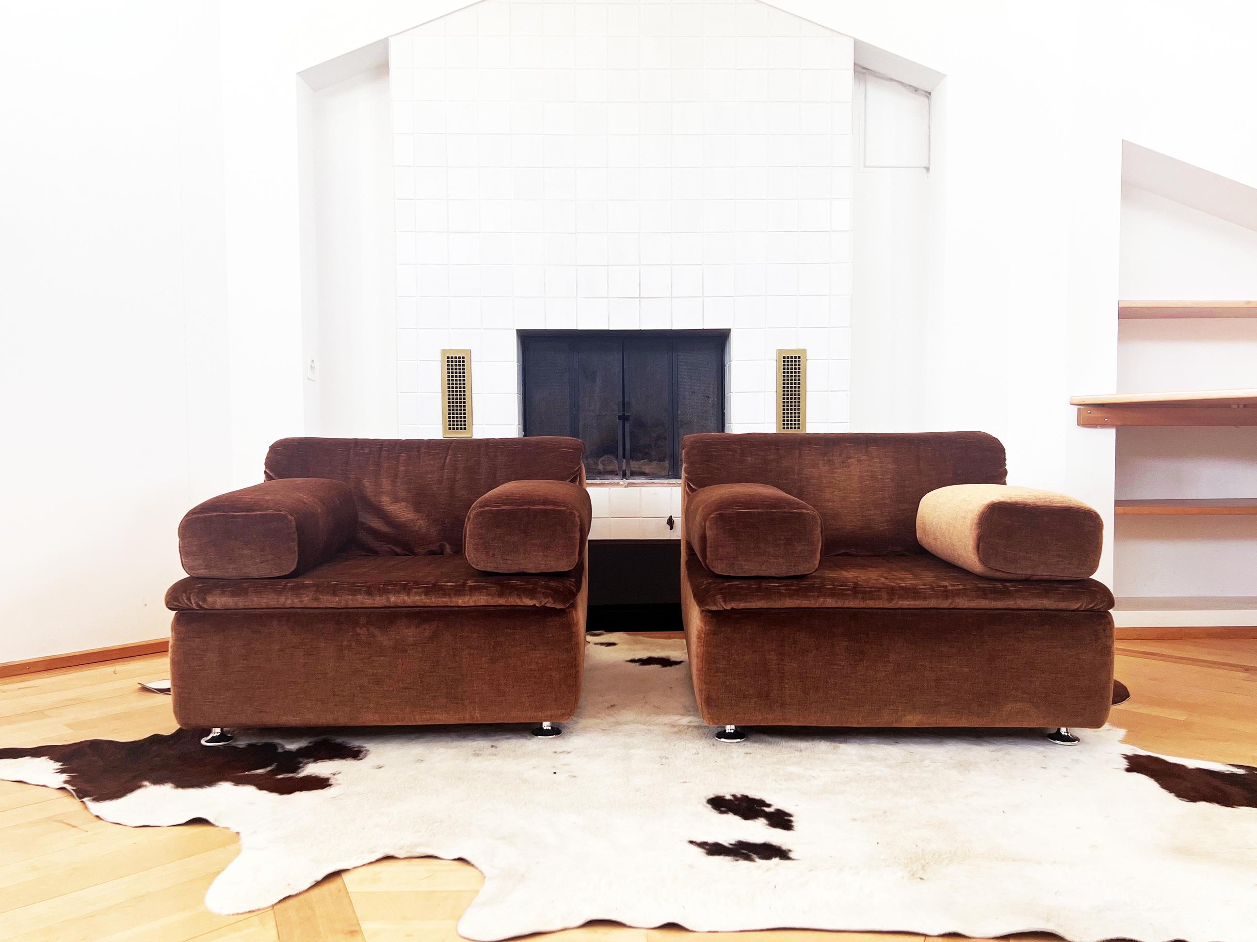 Mid-Century Modern 1970s Brown Velvet Velour Sofa Sectional 3 pcs Lounge Chairs Mario Bellini Attr. For Sale