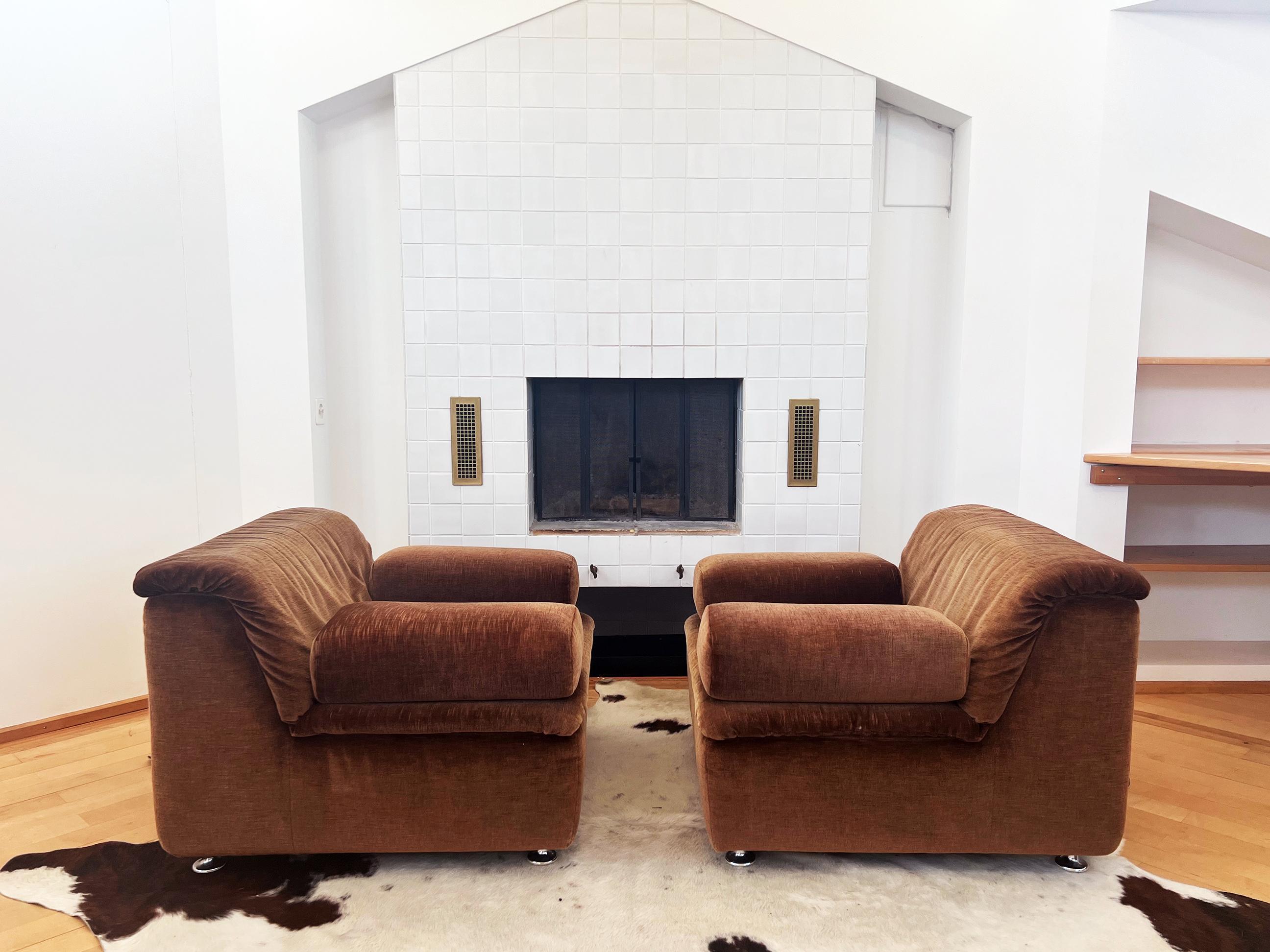 Italian 1970s Brown Velvet Velour Sofa Sectional 3 pcs Lounge Chairs Mario Bellini Attr. For Sale