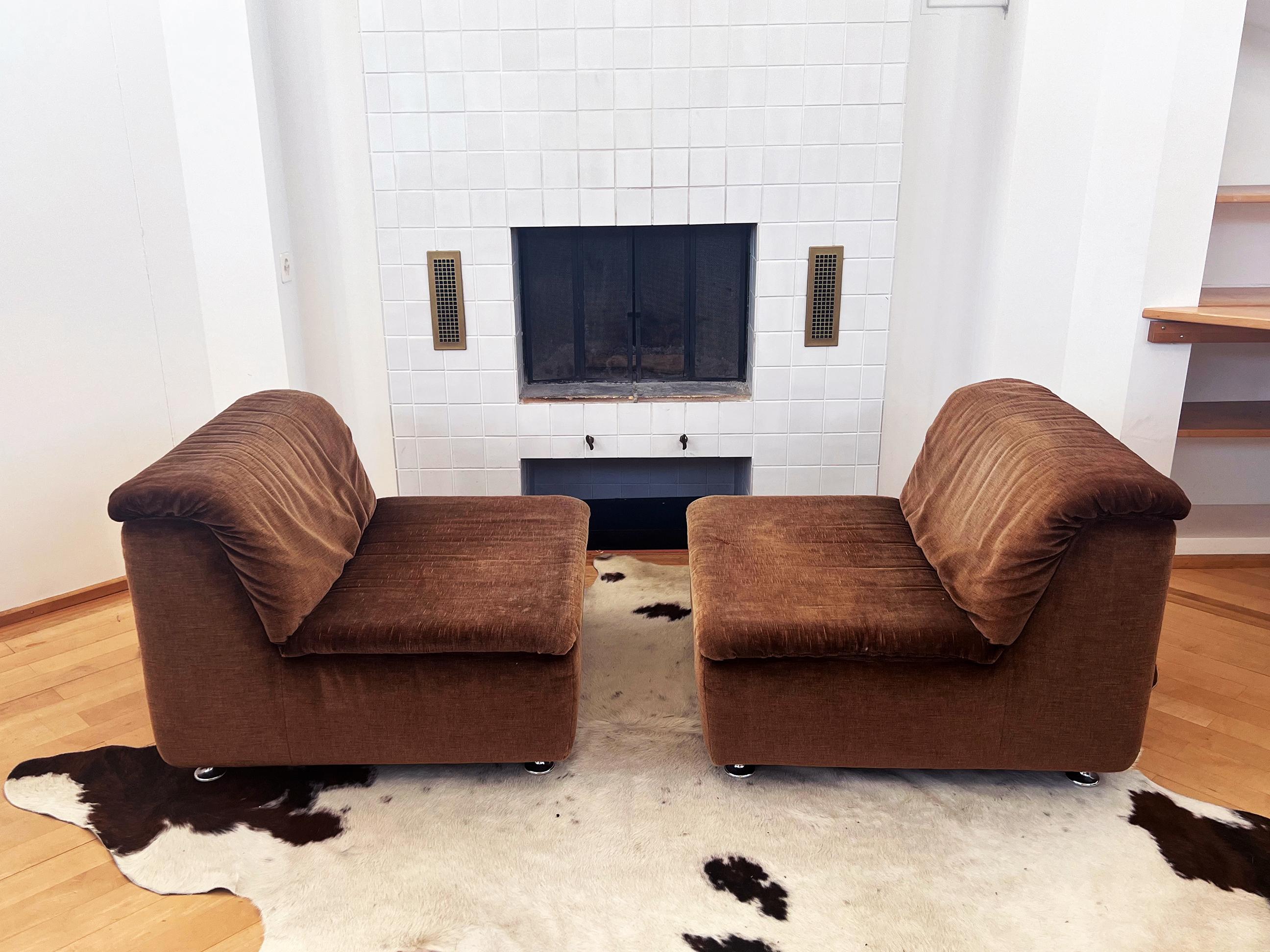 1970s Brown Velvet Velour Sofa Sectional 3 pcs Lounge Chairs Mario Bellini Attr. For Sale 1