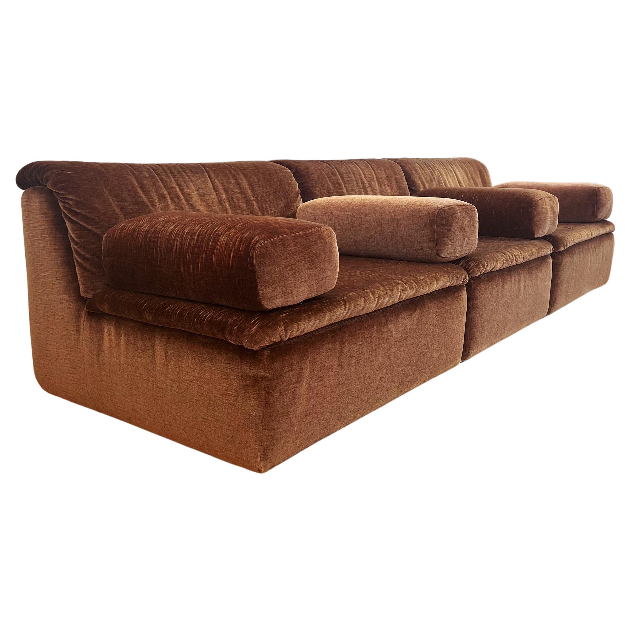 1970s Brown Velvet Velour Sofa Sectional 3 pcs Lounge Chairs Mario Bellini Attr. For Sale