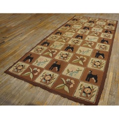 1970s Brown Vintage Animal Design Folk Art American Hooked Carpet Wool Rug