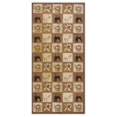 1970s Brown Vintage Animal Design Folk Art American Hooked Carpet Wool Rug