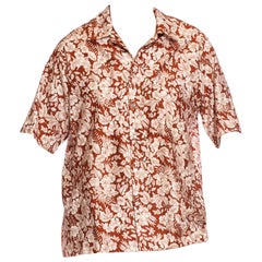 Retro 1970S Brown & White Cotton Sateen Mens Tropical Hibiscus Hawaiian Shirt