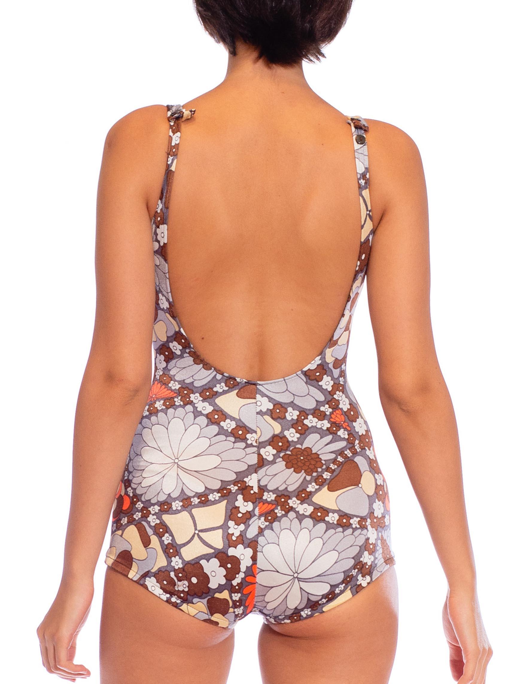 1970S Brown & White Psychedelic Poly Blend Stretch One-Piece Swimsuit For Sale 3