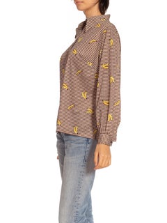 1970S Brown White & Yellow Nylon Tiny Chevron Banana Printed Disco Shirt