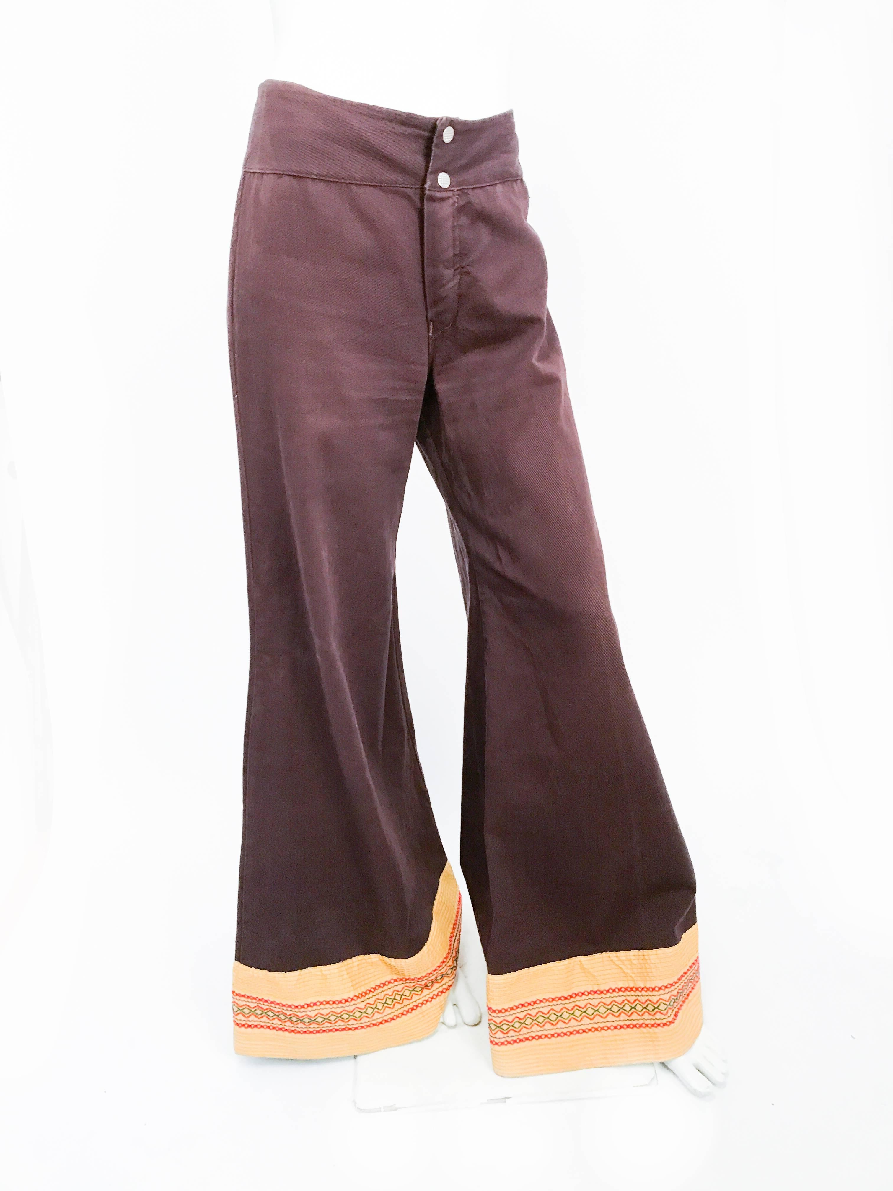 Black 1970s Brown Wide-legged Pants with Embellished Hem For Sale