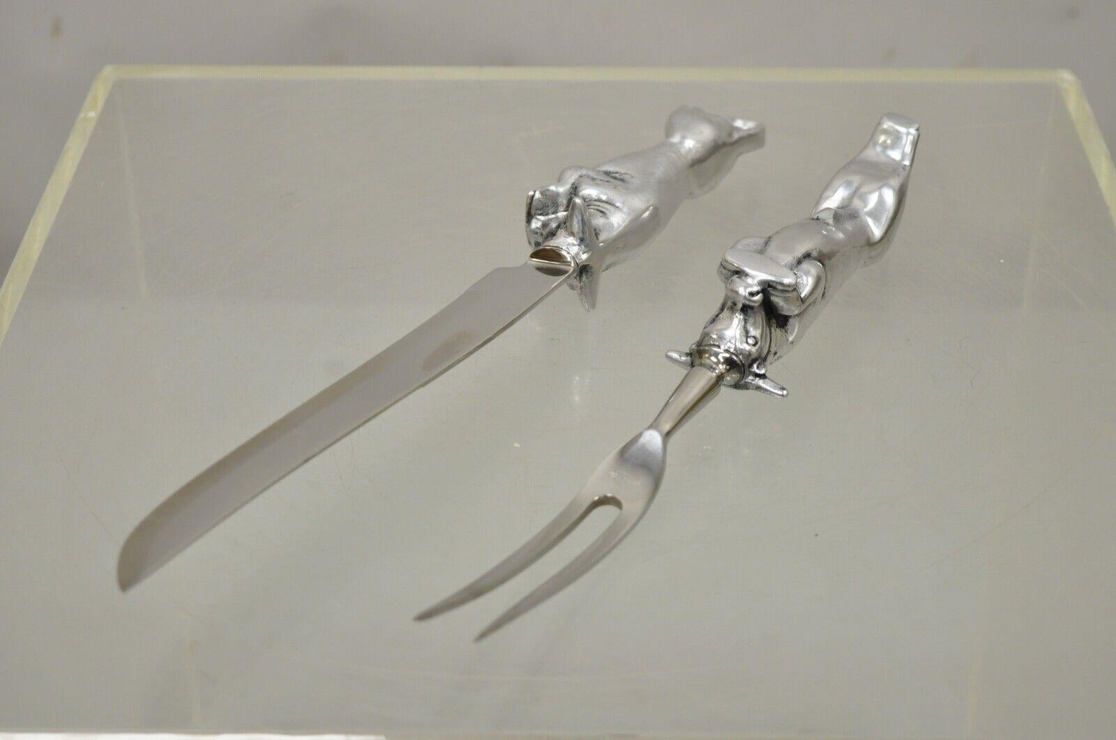 1970s, Bruce Fox Cast Aluminum Charging Bull Carving Set Knife and Fork, 2 Pcs 1