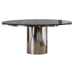1970s Brueton Anello Black Granite & Stainless Steel Pedestal Round Dining Table