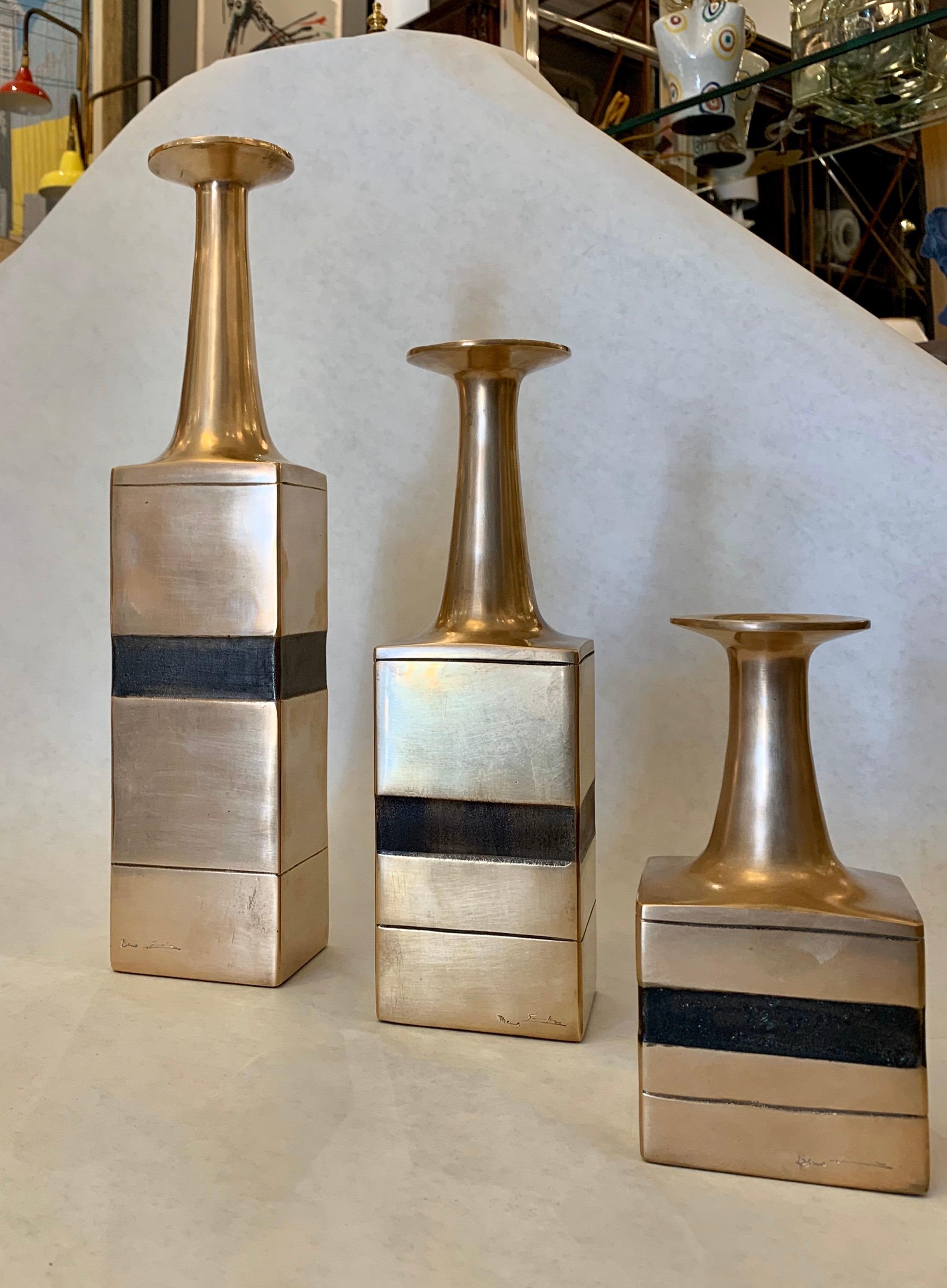 1970s Bruno Gambone Flared Bronze Vases, Set of 3 'Signed' for ESART In Good Condition In East Hampton, NY