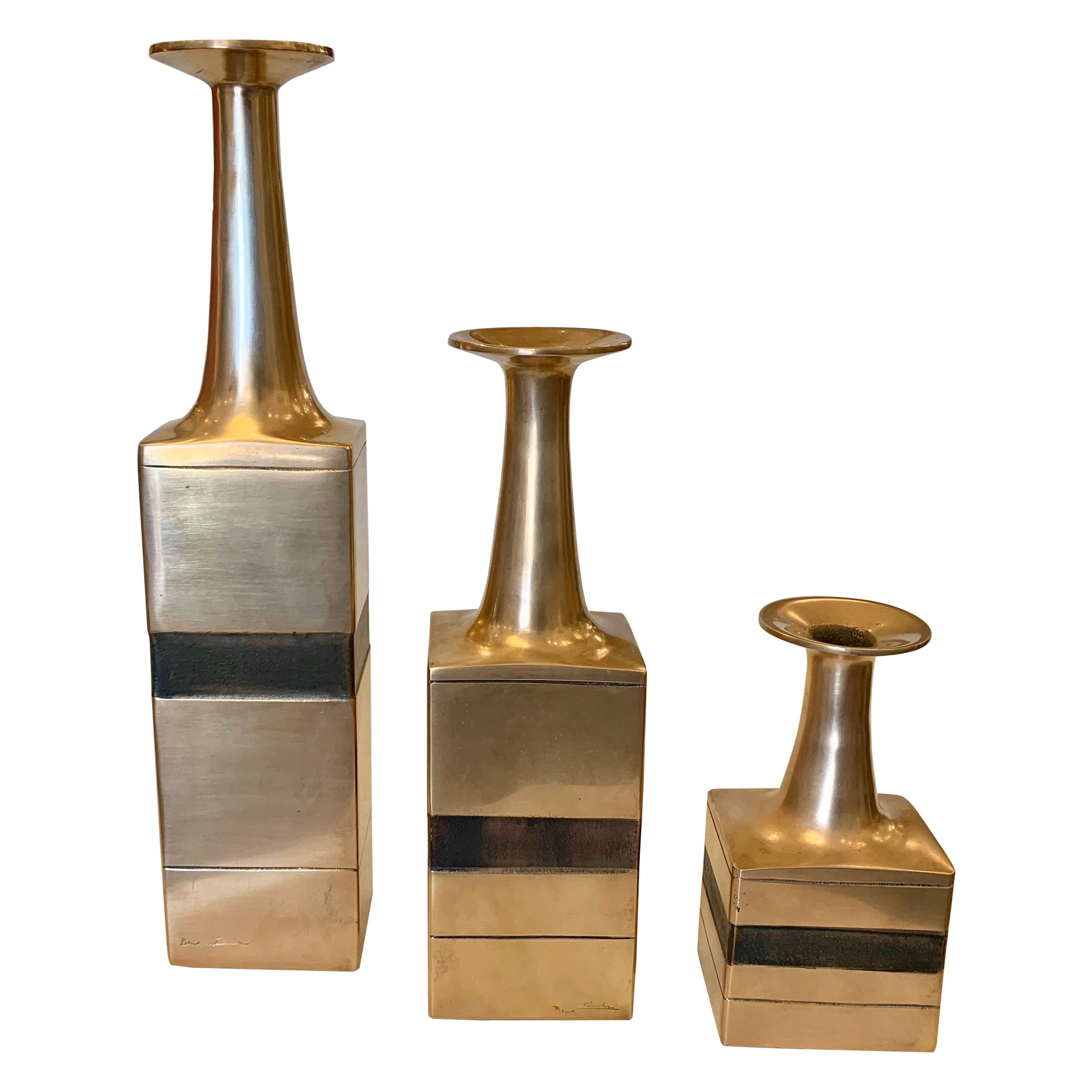 1970s Bruno Gambone Flared Bronze Vases, Set of 3 'Signed' for ESART