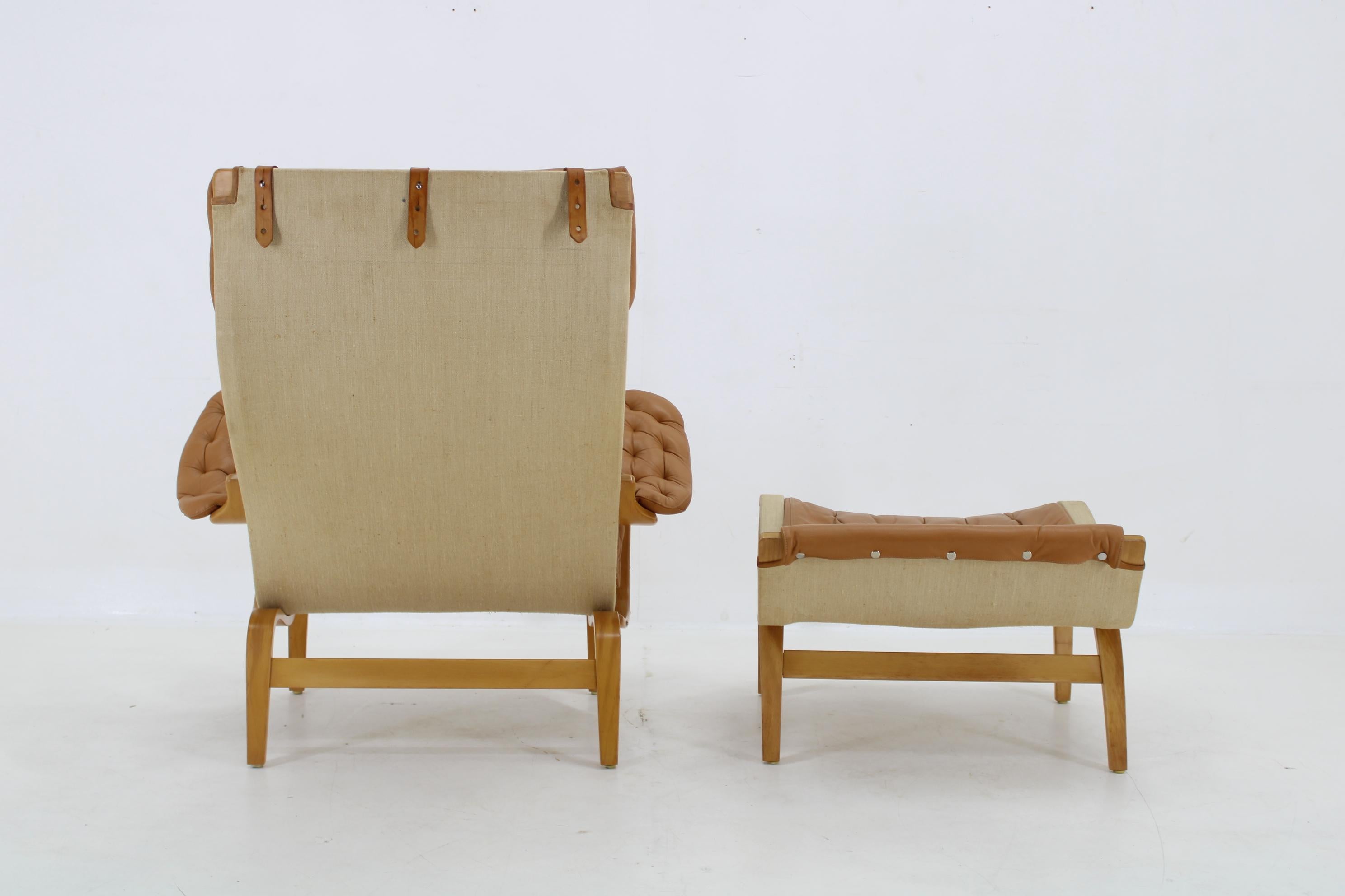 Swedish 1970s Bruno Mathsson Pernilla Lounge Chair with Ottoman in Leather for DUX, Swed
