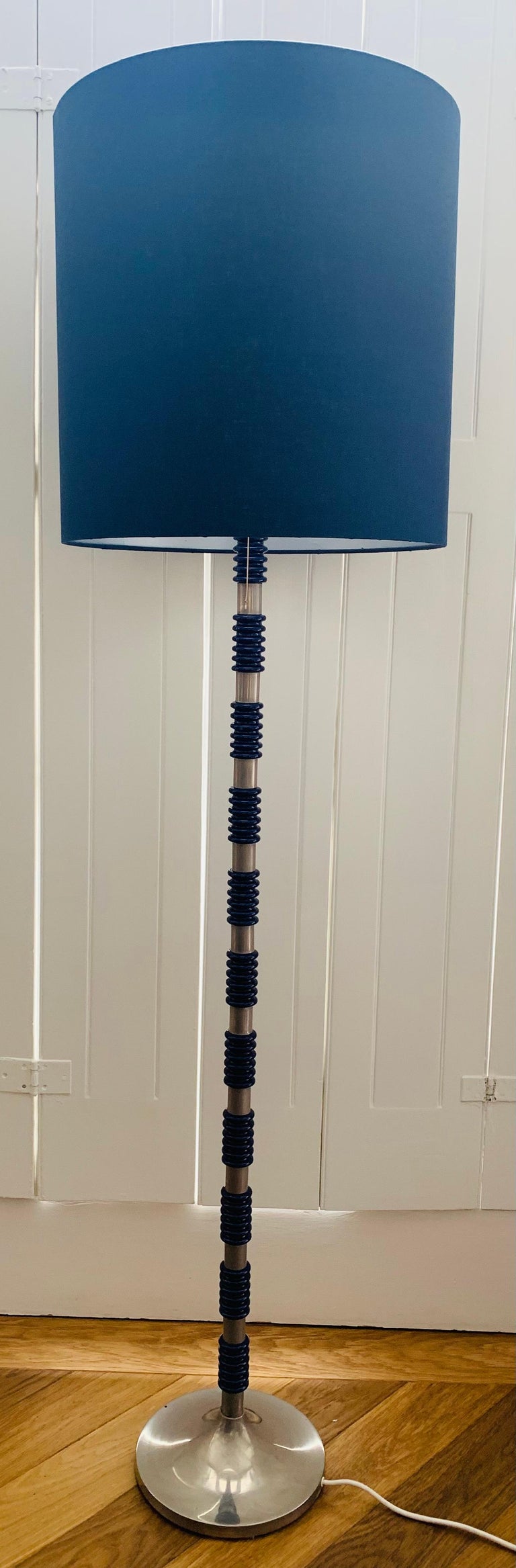 1970s Brushed Chrome and Cobalt Blue Glass Floor Lamp in the Style Carl