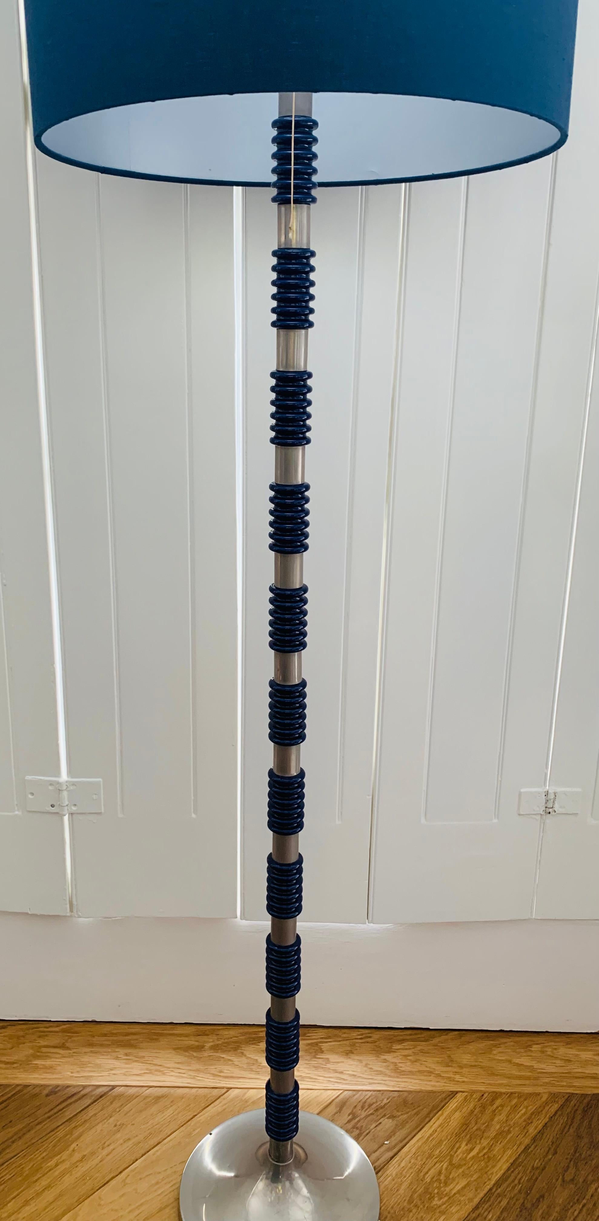 1970s Brushed Chrome & Cobalt Blue Glass Floor Lamp in the Style Carl Fagerlund  In Good Condition For Sale In London, GB