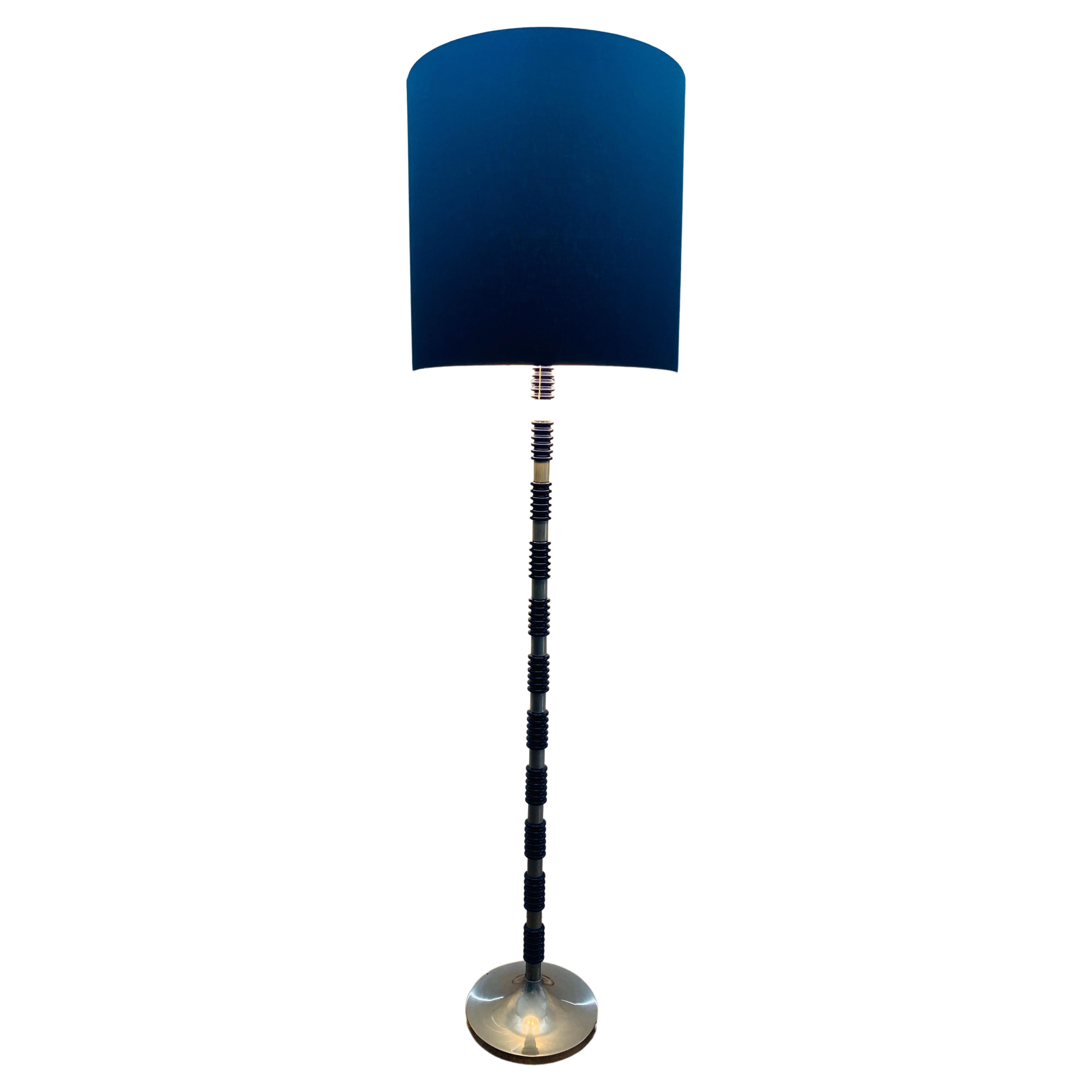 1970s Brushed Chrome & Cobalt Blue Glass Floor Lamp in the Style Carl Fagerlund  For Sale