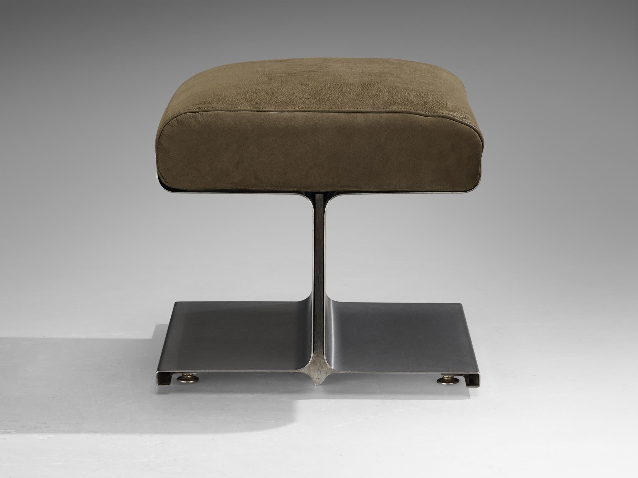 Post-Modern 1970s Brushed Steel Ottoman with Reupholstered Olive Green Leather Cushion
