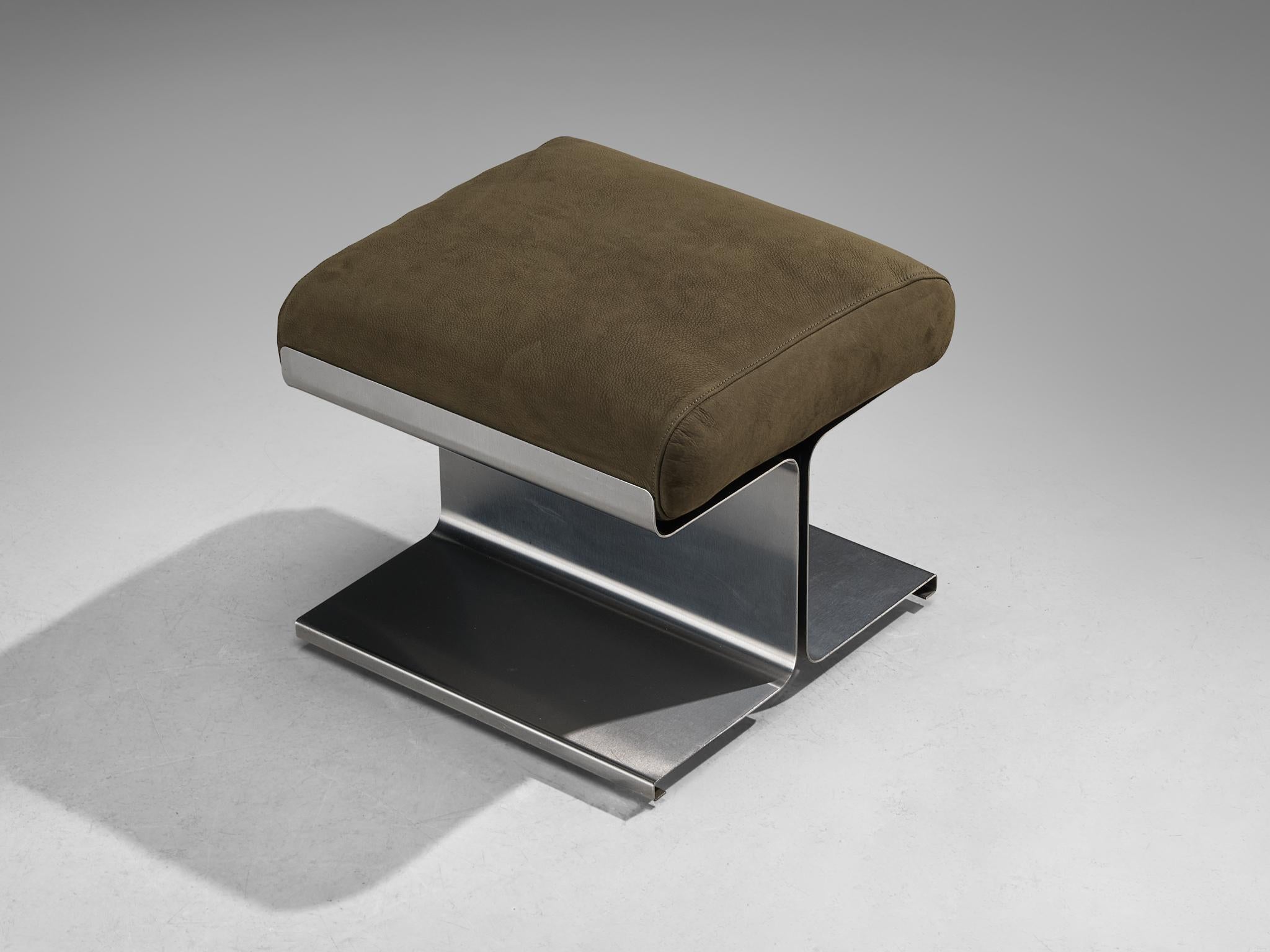 French 1970s Brushed Steel Ottoman with Reupholstered Olive Green Leather Cushion