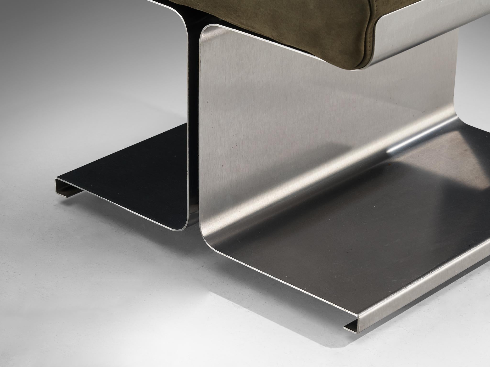 1970s Brushed Steel Ottoman with Reupholstered Olive Green Leather Cushion In Good Condition In Waalwijk, NL