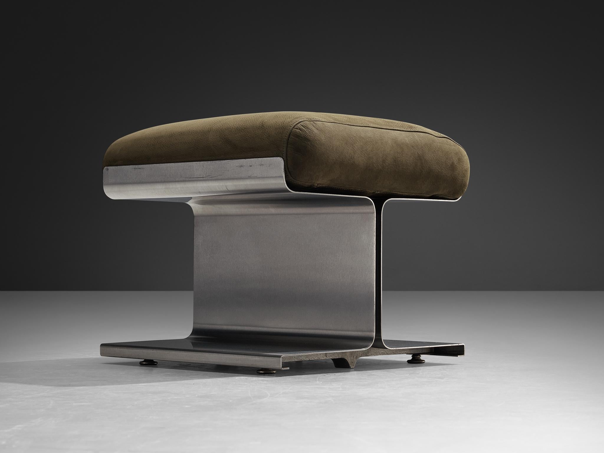 Late 20th Century 1970s Brushed Steel Ottoman with Reupholstered Olive Green Leather Cushion