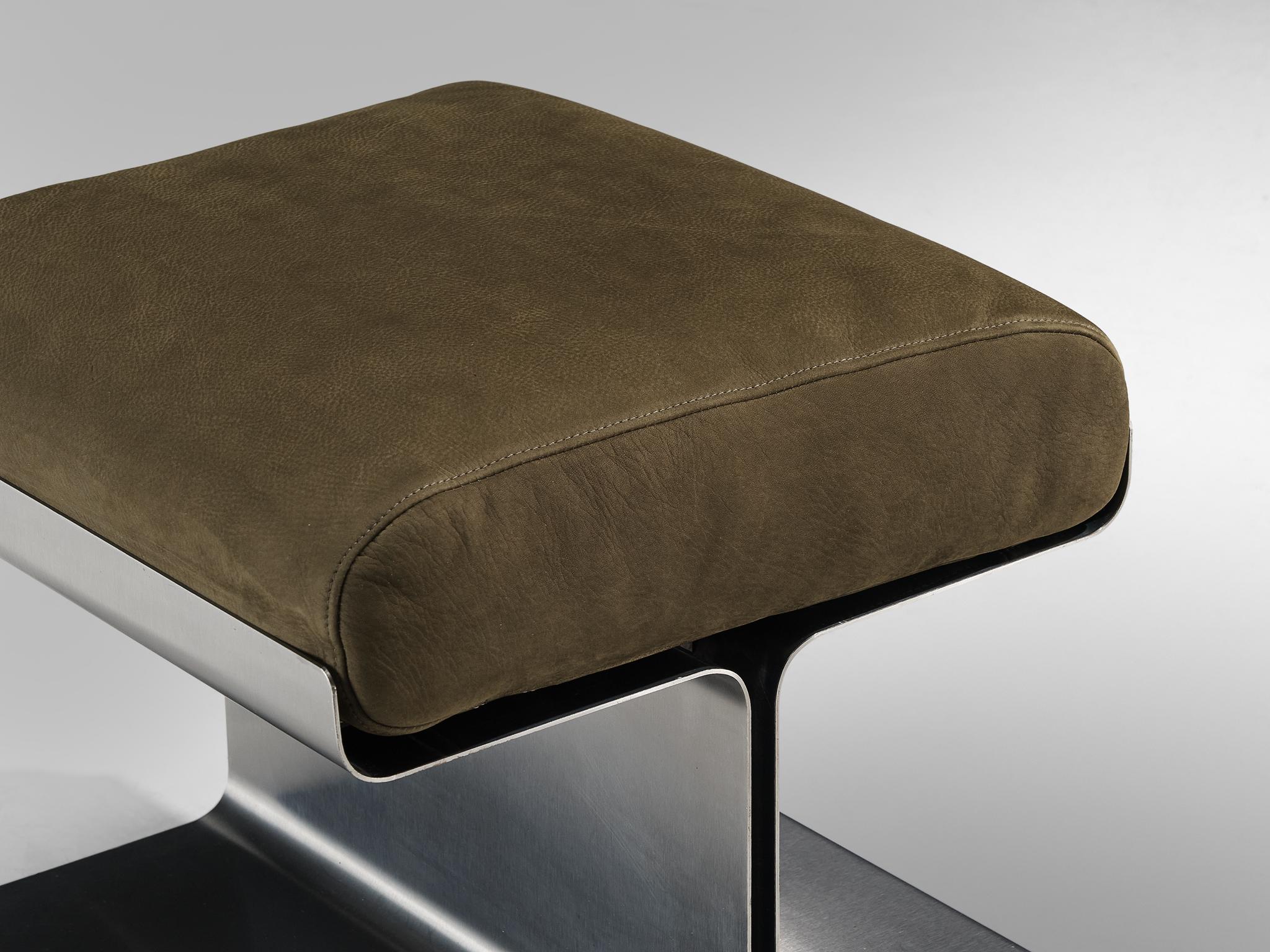 1970s Brushed Steel Ottoman with Reupholstered Olive Green Leather Cushion 1