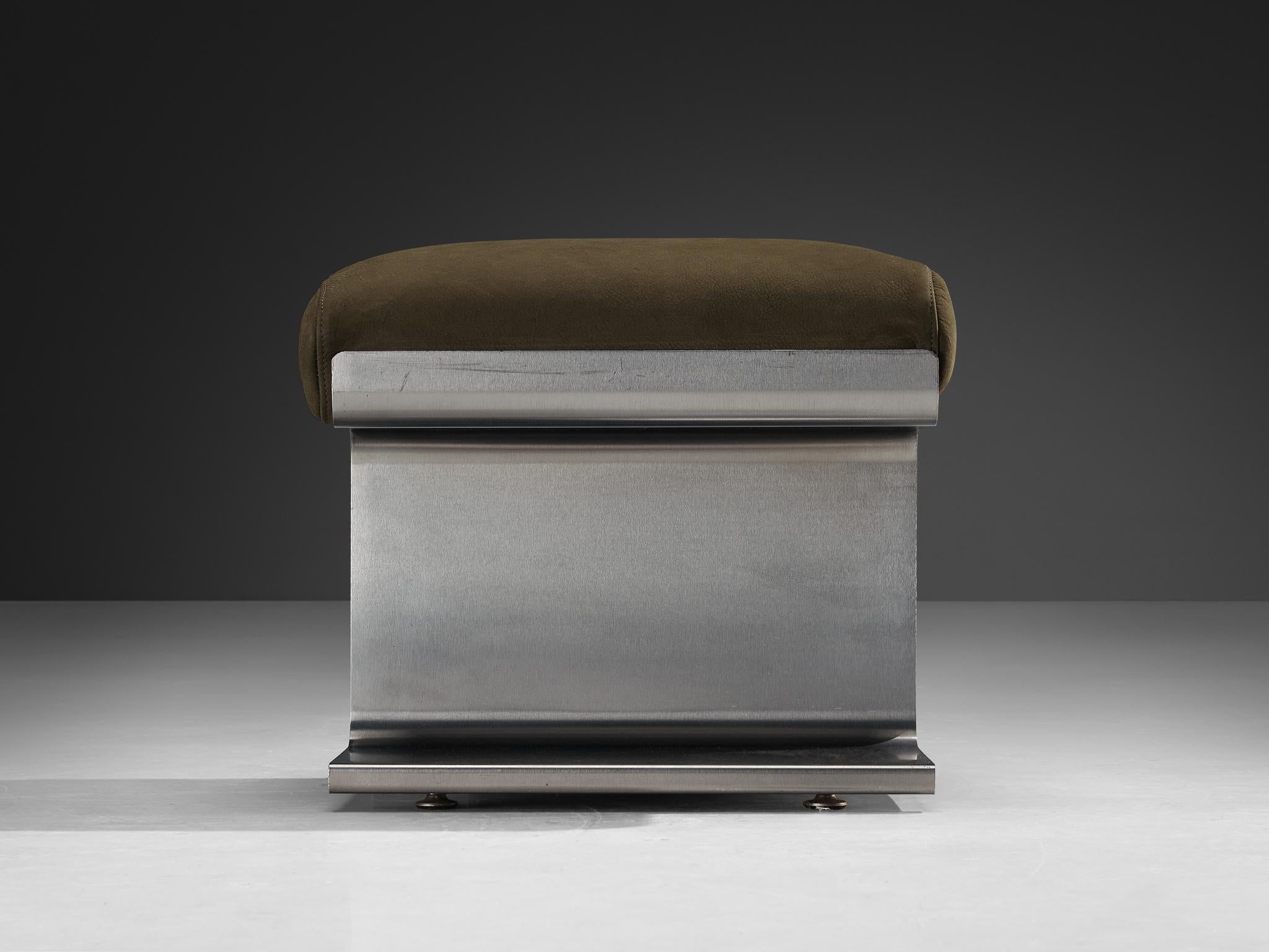 1970s Brushed Steel Ottoman with Reupholstered Olive Green Leather Cushion 2
