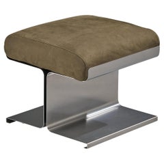 1970s Brushed Steel Ottoman with Reupholstered Olive Green Leather Cushion