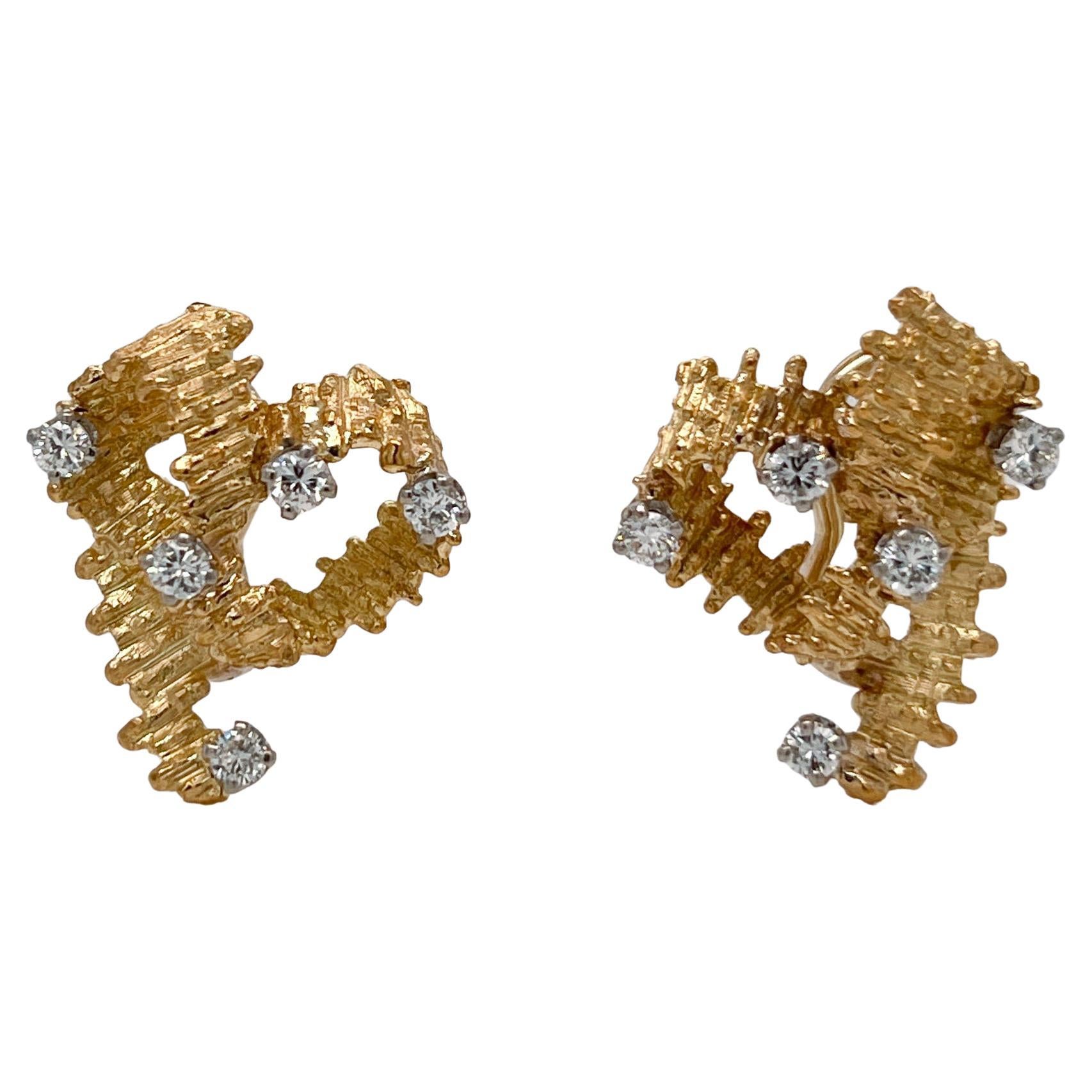 1970s Brutalist 18 Karat Gold & Diamond Clip-On Earrings