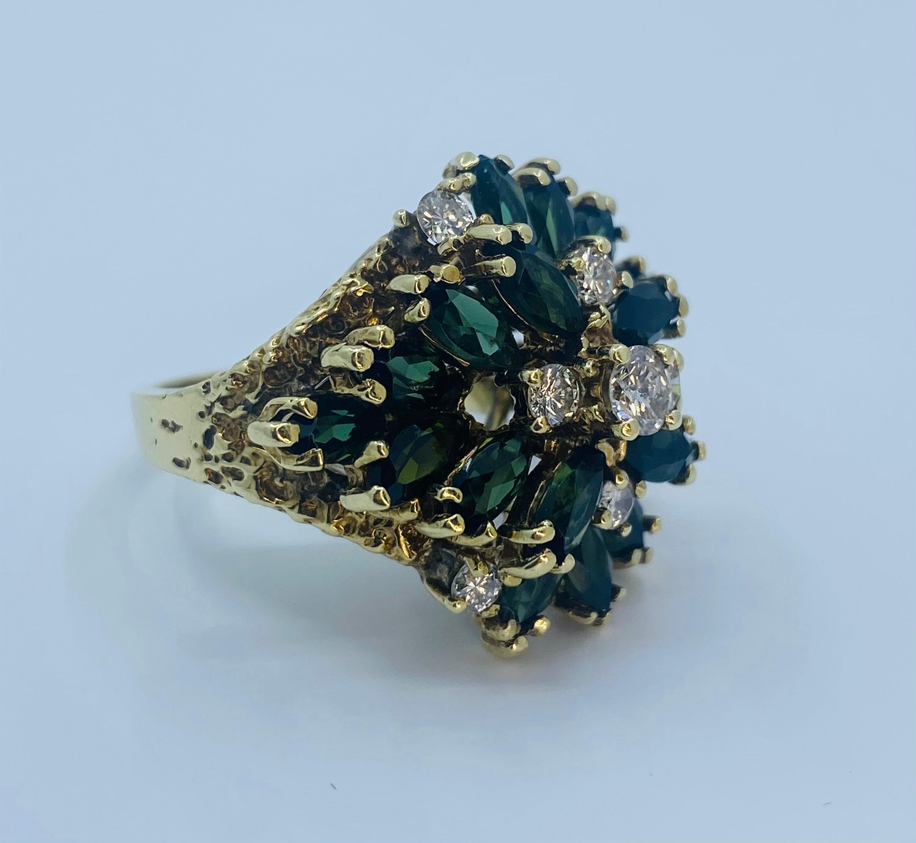 Marquise Cut  1970s Brutalist 3.65 Carat Green Tourmaline Diamond Yellow Gold Cocktail Ring