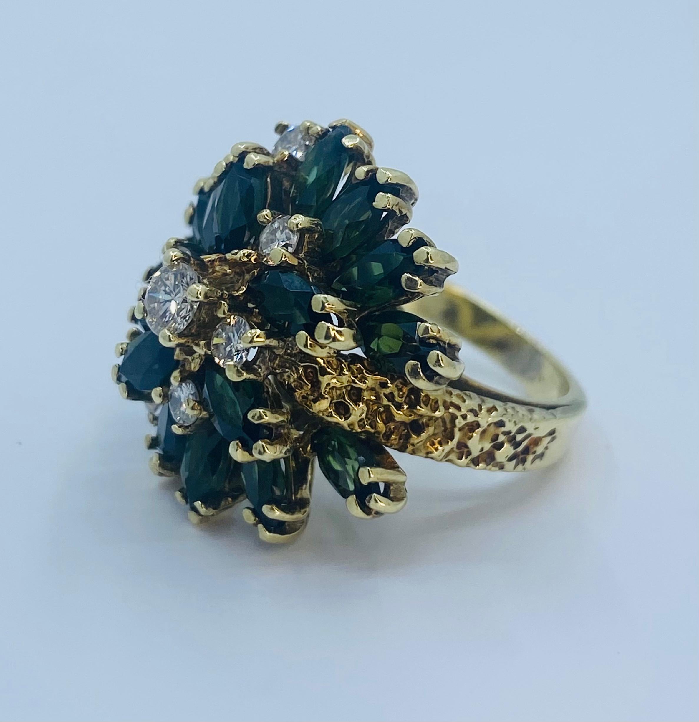  1970s Brutalist 3.65 Carat Green Tourmaline Diamond Yellow Gold Cocktail Ring In Excellent Condition In Tustin, CA