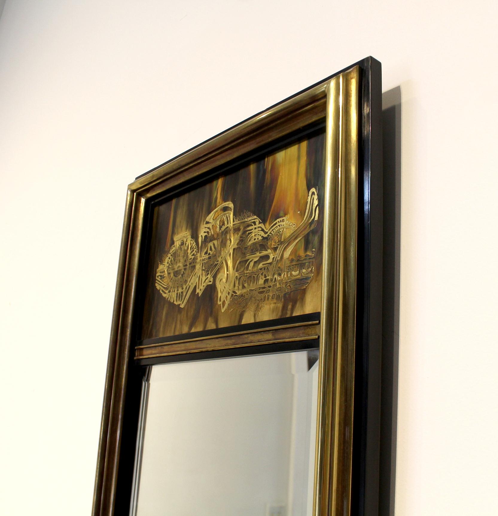 Mid-Century Modern 1970s Brutalist Bernhard Rohne for Mastercraft Acid Etched Brass Mirror For Sale