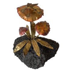 1970's Brutalist Brass and Copper Grasshopper Sculpture w/ Lava Stone Base
