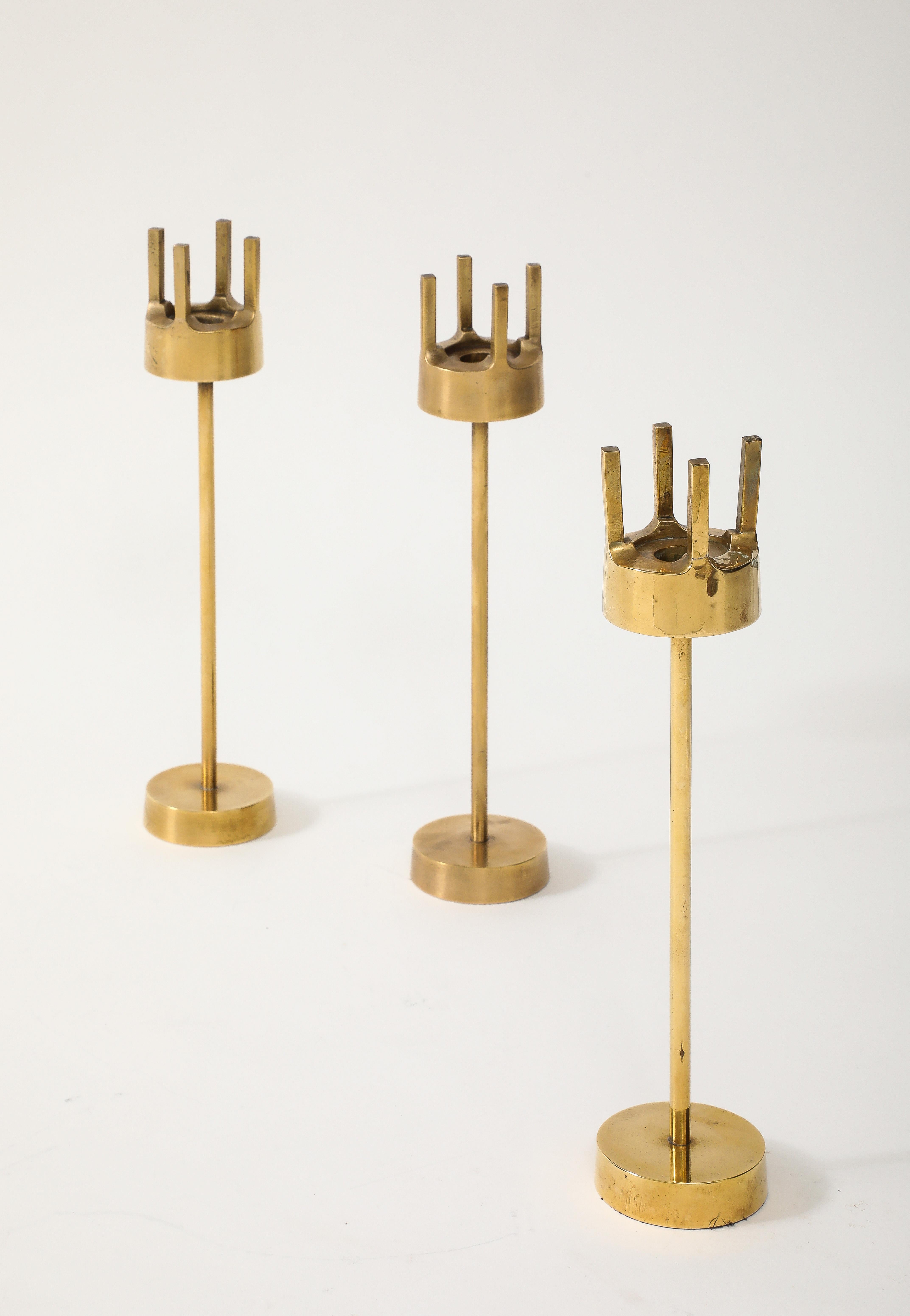 Mid-Century Modern 1970's Brutalist Brass Candle Holders Set Of 3 For Sale