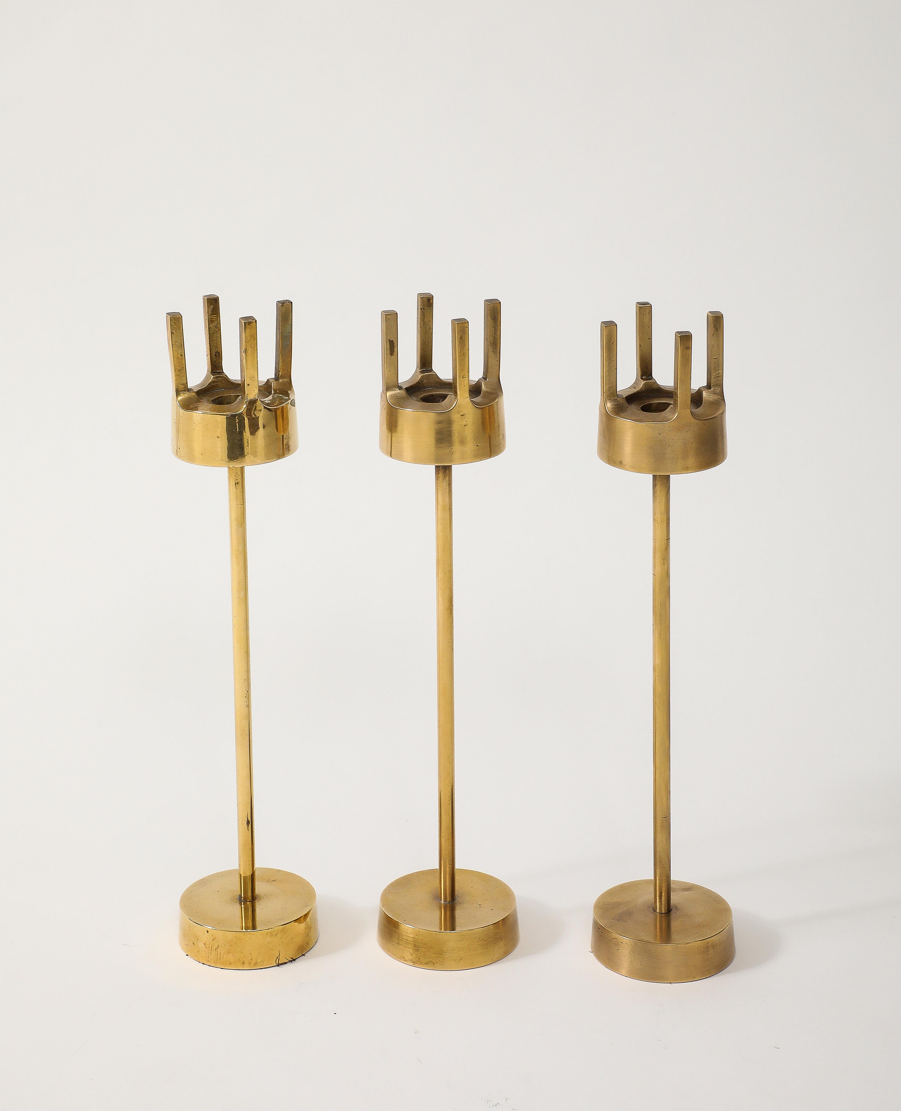 American 1970's Brutalist Brass Candle Holders Set Of 3 For Sale