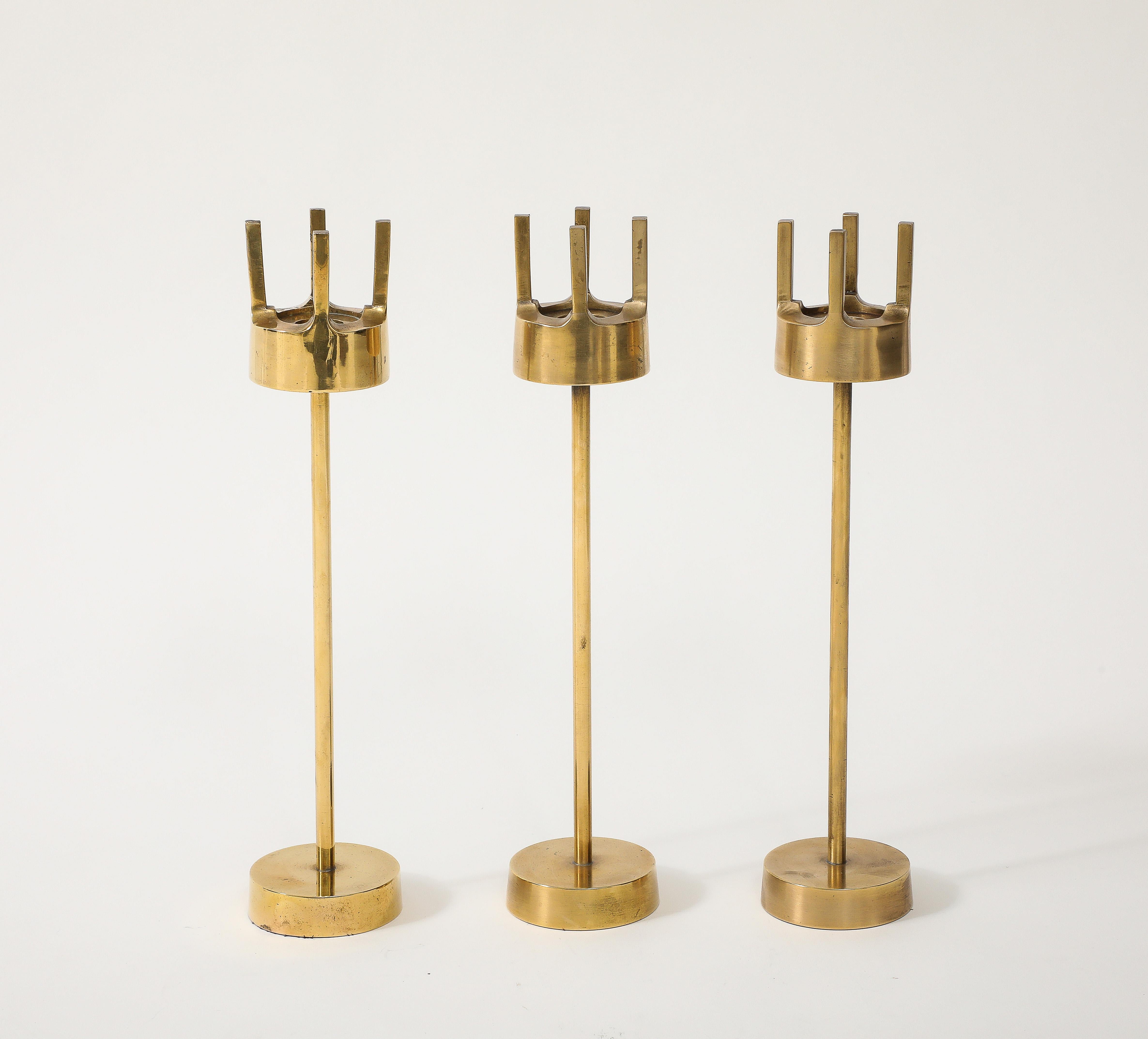 Late 20th Century 1970's Brutalist Brass Candle Holders Set Of 3 For Sale