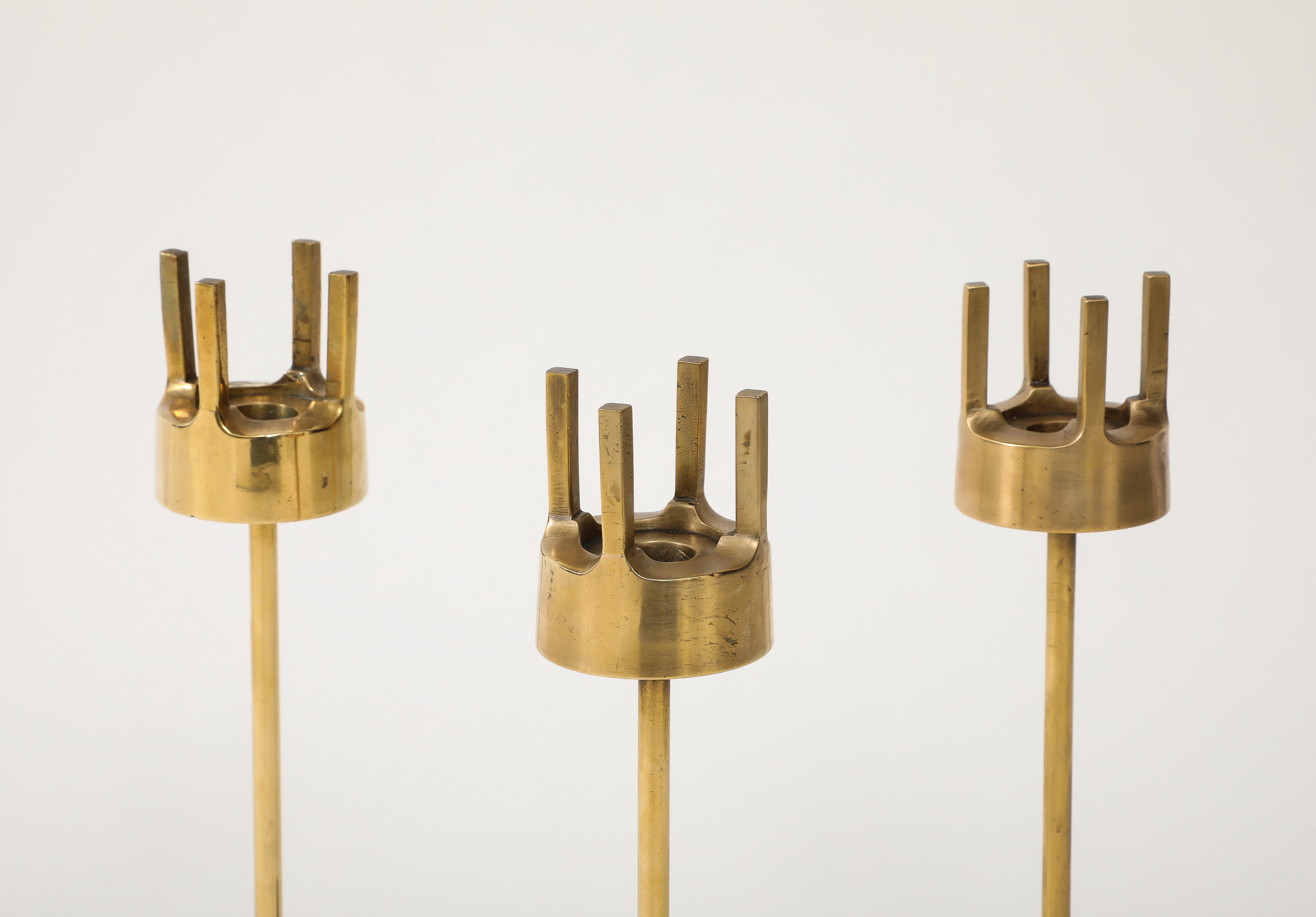 1970's Brutalist Brass Candle Holders Set Of 3 For Sale 1