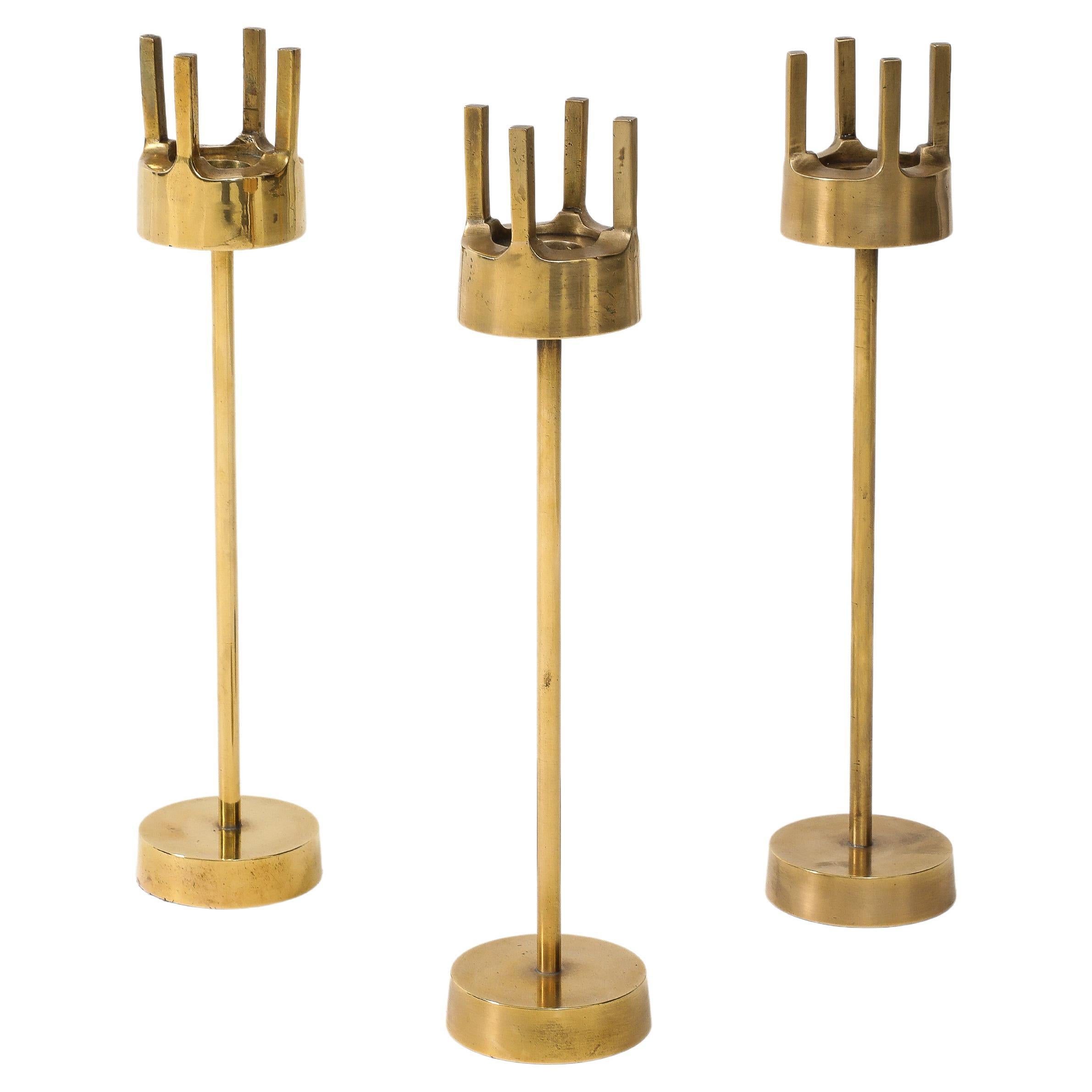 1970's Brutalist Brass Candle Holders Set Of 3 For Sale