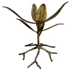 1970s Brutalist Brass Gold Leaf Plant Stand
