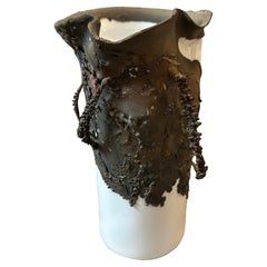 1970s Brutalist Bronze and White Porcelain Sculptured Sicilian Vase
