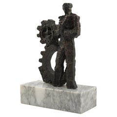 Brutalist Bronze Sculpture on Marble Base, Man and Machine, 1970s