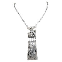 1970s Brutalist Chain Pendant Modernist Necklace in Pewter