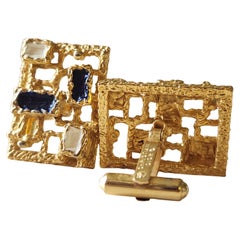 1970s Brutalist Christian Dior Gold Tone Enamel Stone Cufflinks
