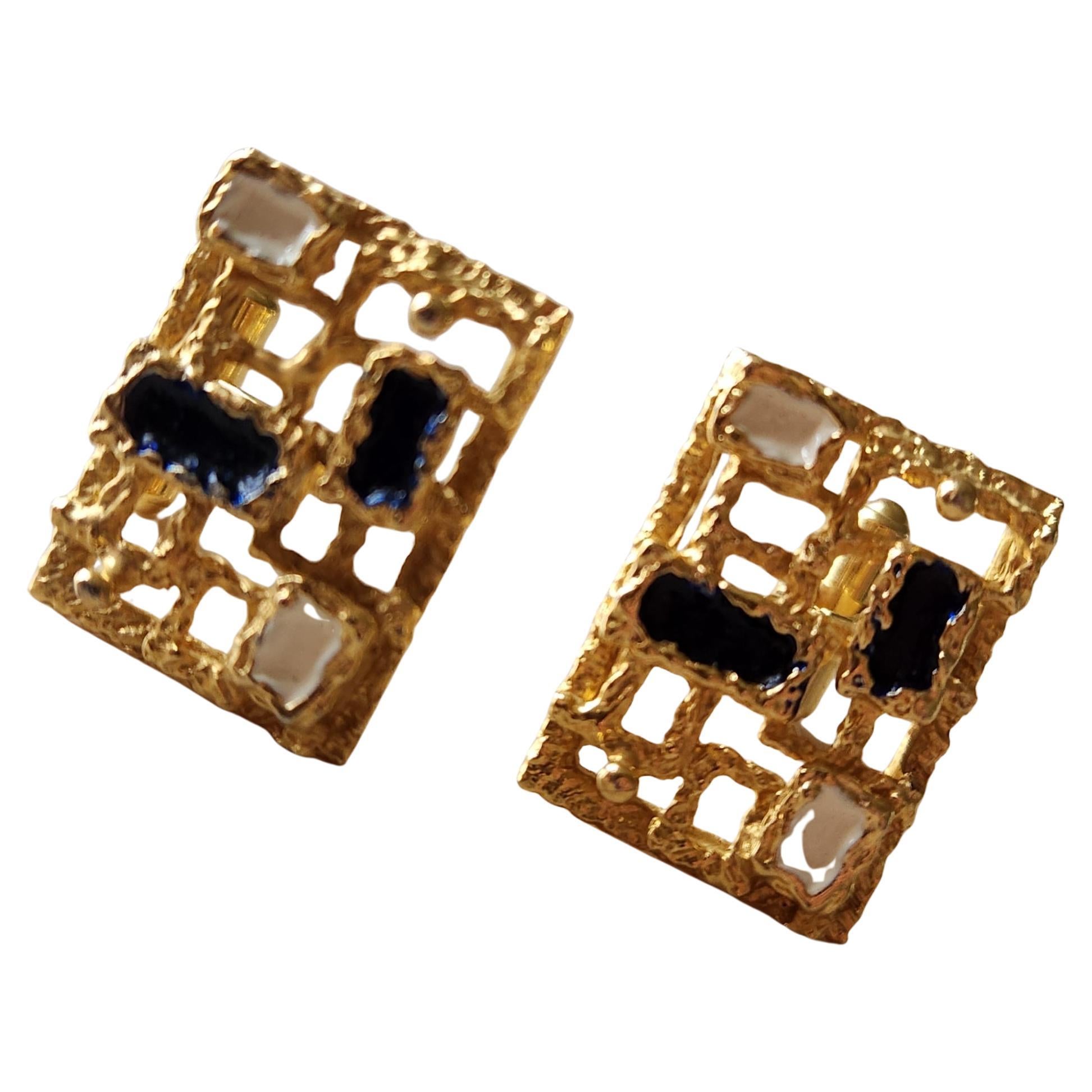 Mid-Century Modern 1970s Brutalist Christian Dior Gold Tone Enamel Stone Cufflinks For Sale