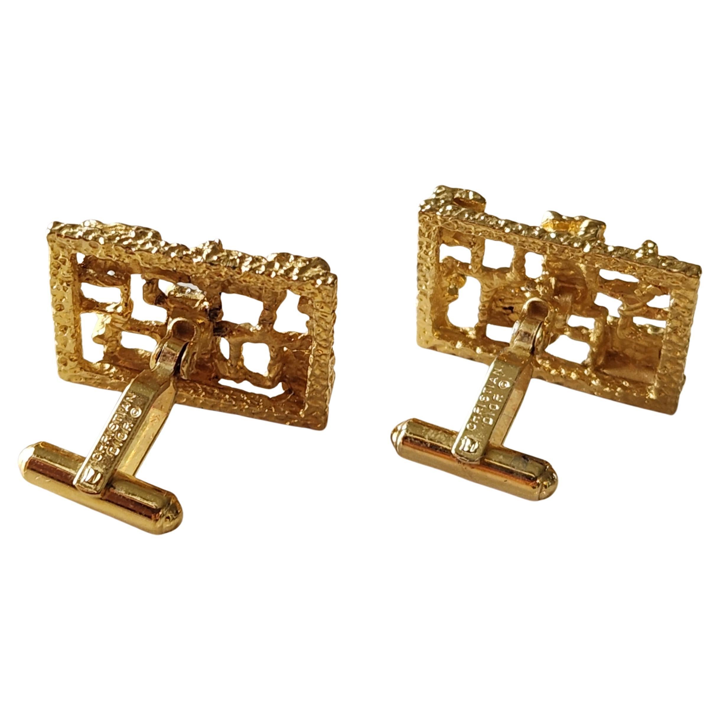 French 1970s Brutalist Christian Dior Gold Tone Enamel Stone Cufflinks For Sale
